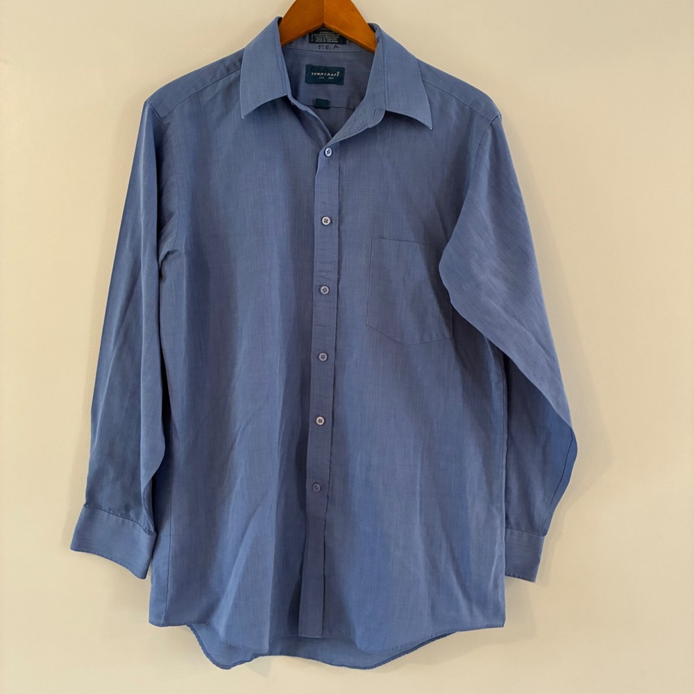 Vtg Towncraft Button Down Shirt Mens 15.5 32/33 Blue Broadcloth Office Preppy